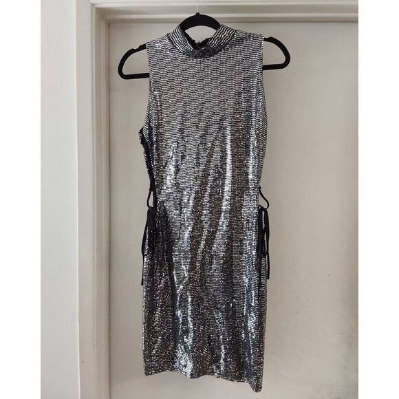 NWOT~Black & Silver Glitter Side Cut Out Party Mini Dress Sz Large - Picture 1 of 3